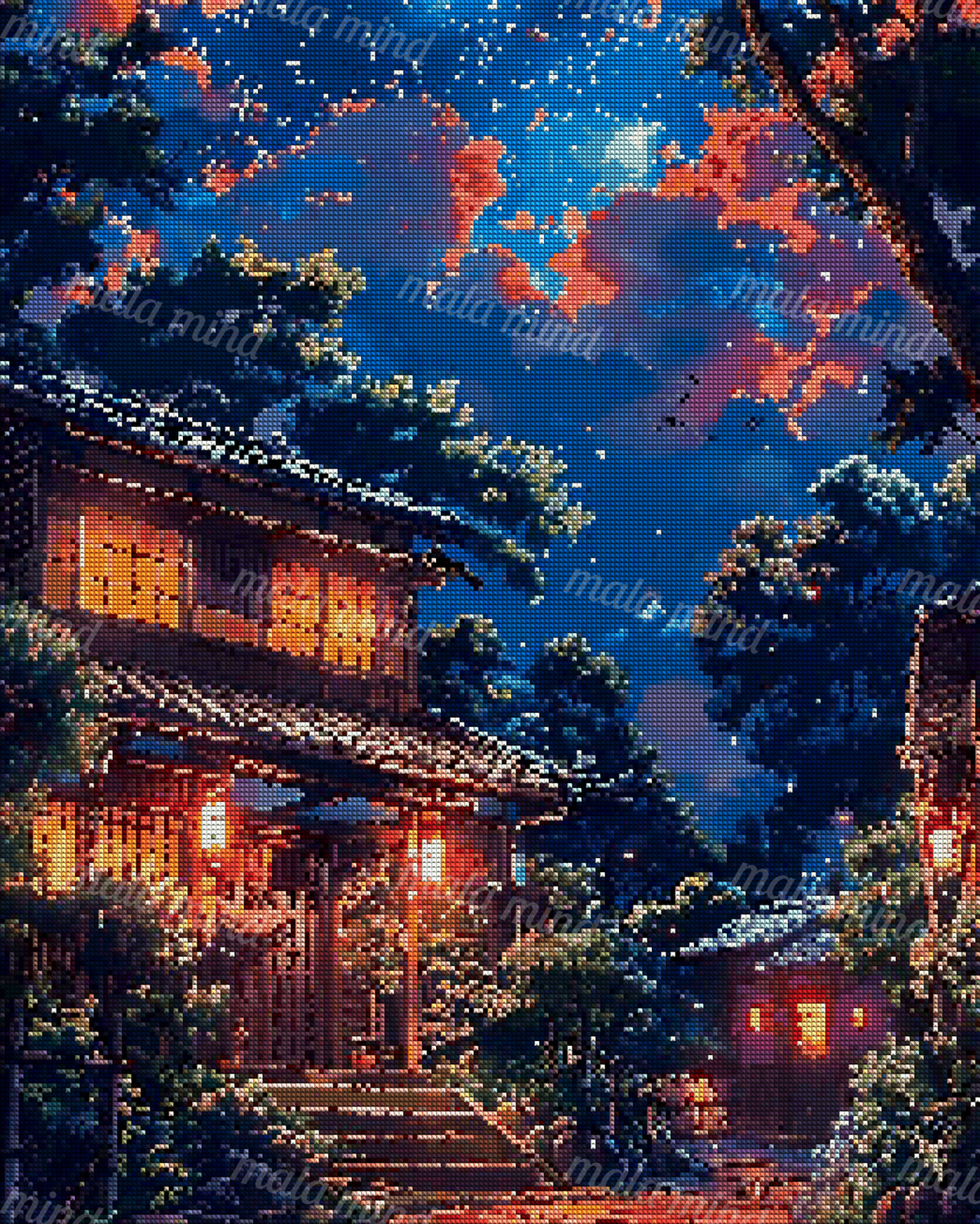 Traditional Japanese village homes glowing beneath a starry blue sky with red-orange clouds and flying bats. — 04_diamond_render