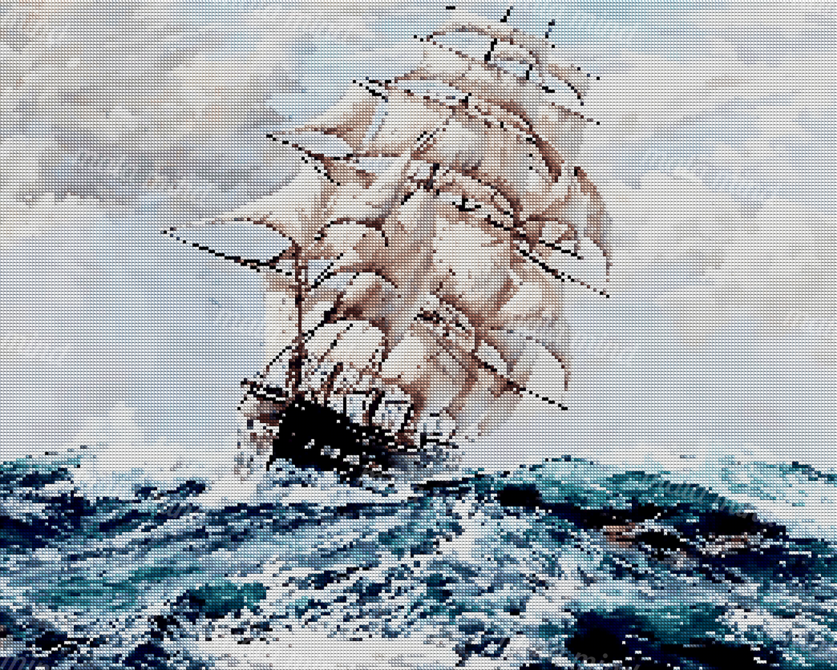 Tall cream-sailed ship with dark hull sailing through rough teal ocean waves under cloudy skies — 04_diamond_render