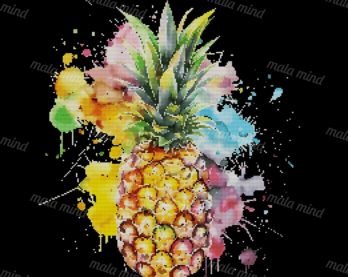 Colorful pineapple with green leaves surrounded by pink, yellow, blue, and purple paint splashes on black — 04_diamond_render