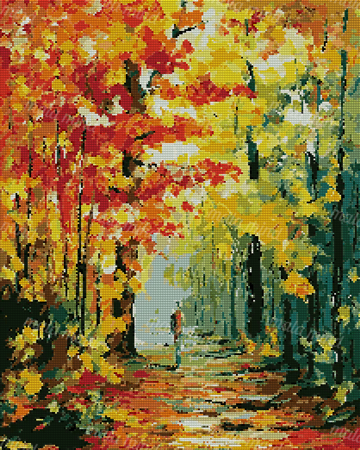 Painterly autumn forest path framed by colorful trees, with a small figure walking in the distance. — 04_diamond_render
