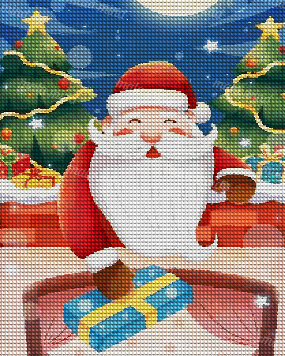 Cartoon Santa holds a blue gift beneath a full moon, surrounded by decorated Christmas trees and presents. — 04_diamond_render