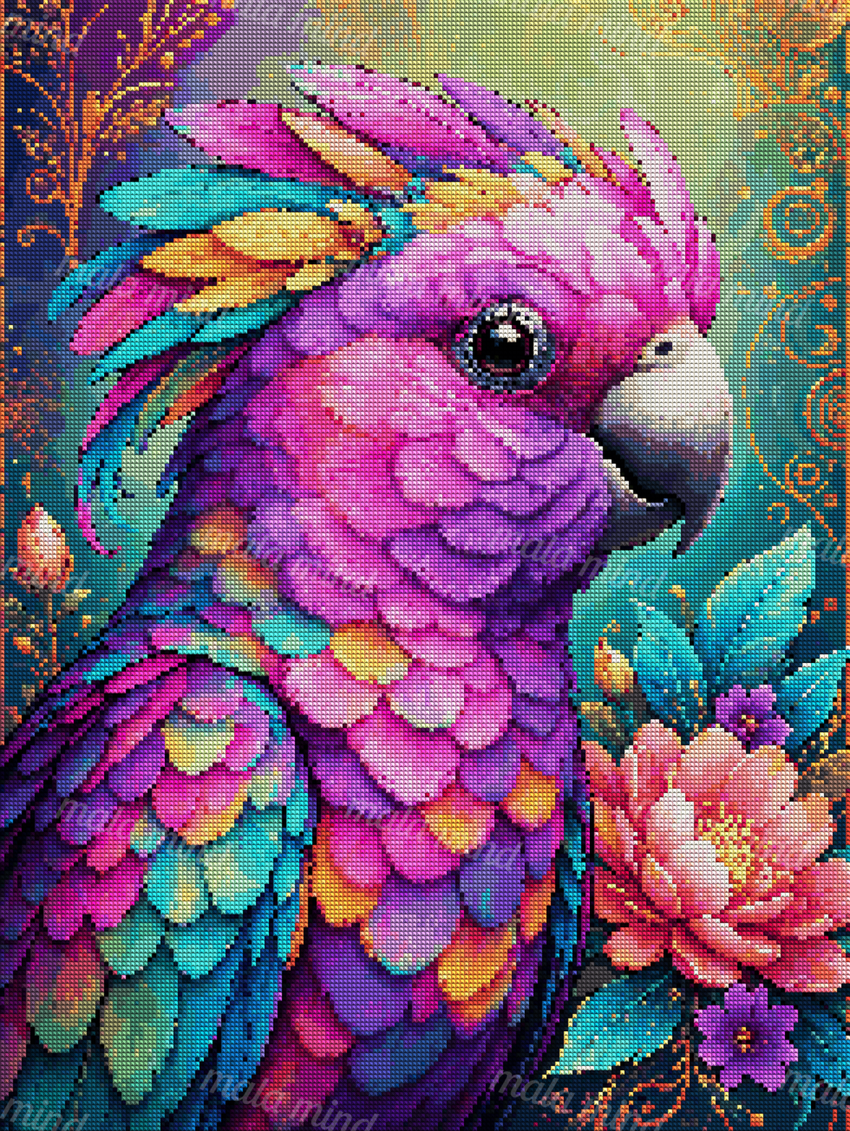 Colorful parrot with layered feathers, pink flowers, teal leaves, and orange ornamental swirls — 04_diamond_render