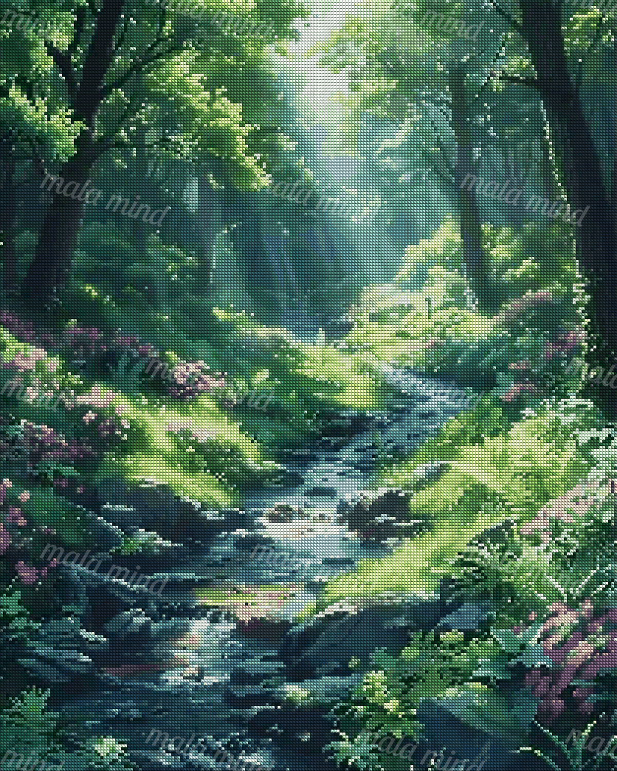 Sunlit forest stream flowing over rocks through ferns, pink flowers, and dense green woodland — 04_diamond_render