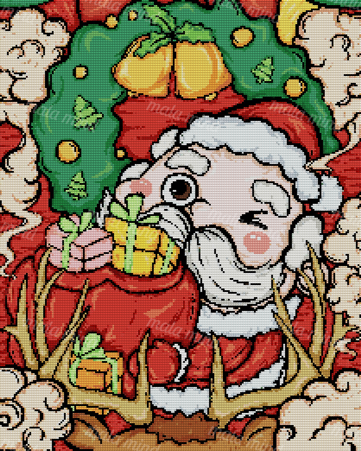 Winking Santa-like figure holding colorful gifts with antlers, bells, and evergreen foliage — 04_diamond_render