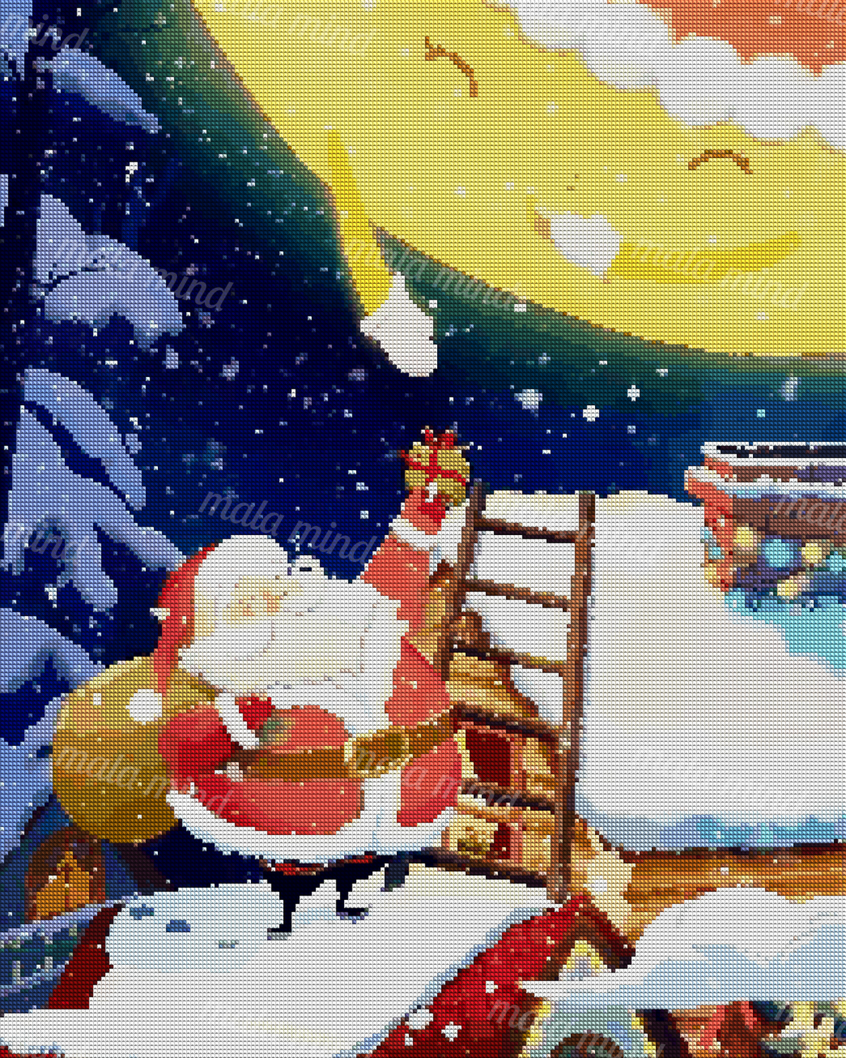 Cartoon Santa on a snowy rooftop with a ladder, gift, chimney, falling snow, and smiling moon — 04_diamond_render