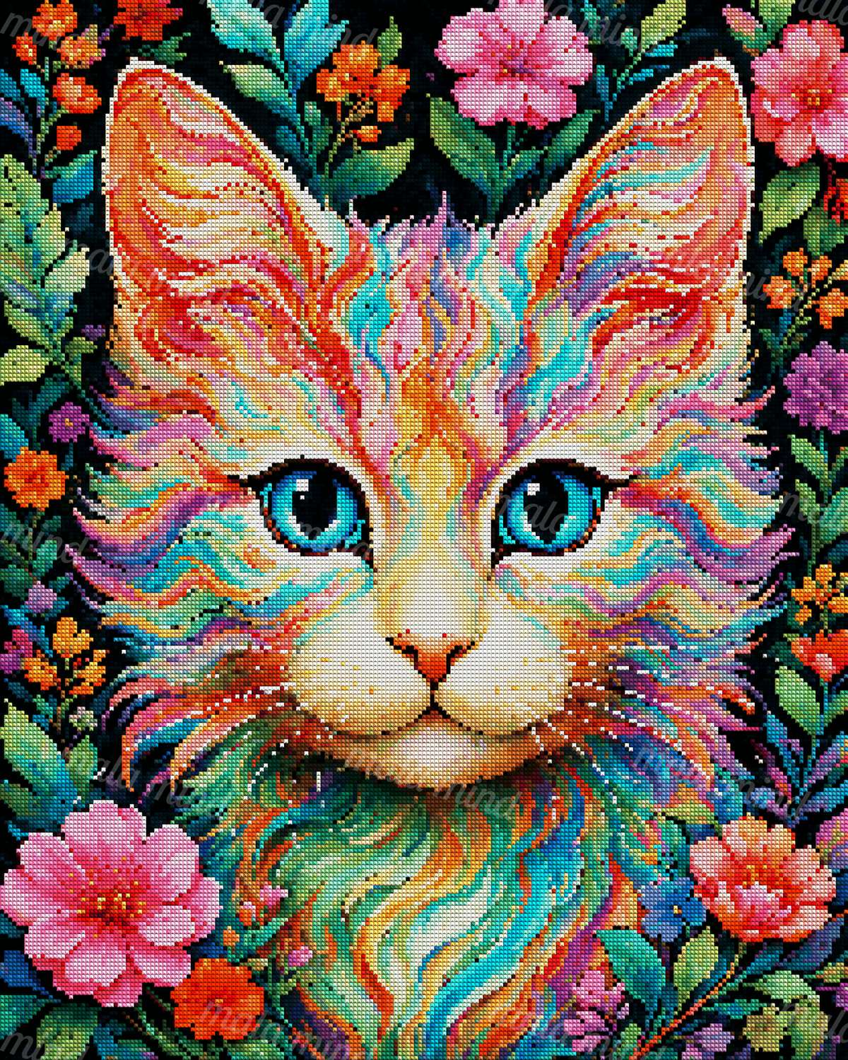 Frontal colorful lion portrait with blue eyes, flowing multicolored mane, flowers, and green leaves — 04_diamond_render