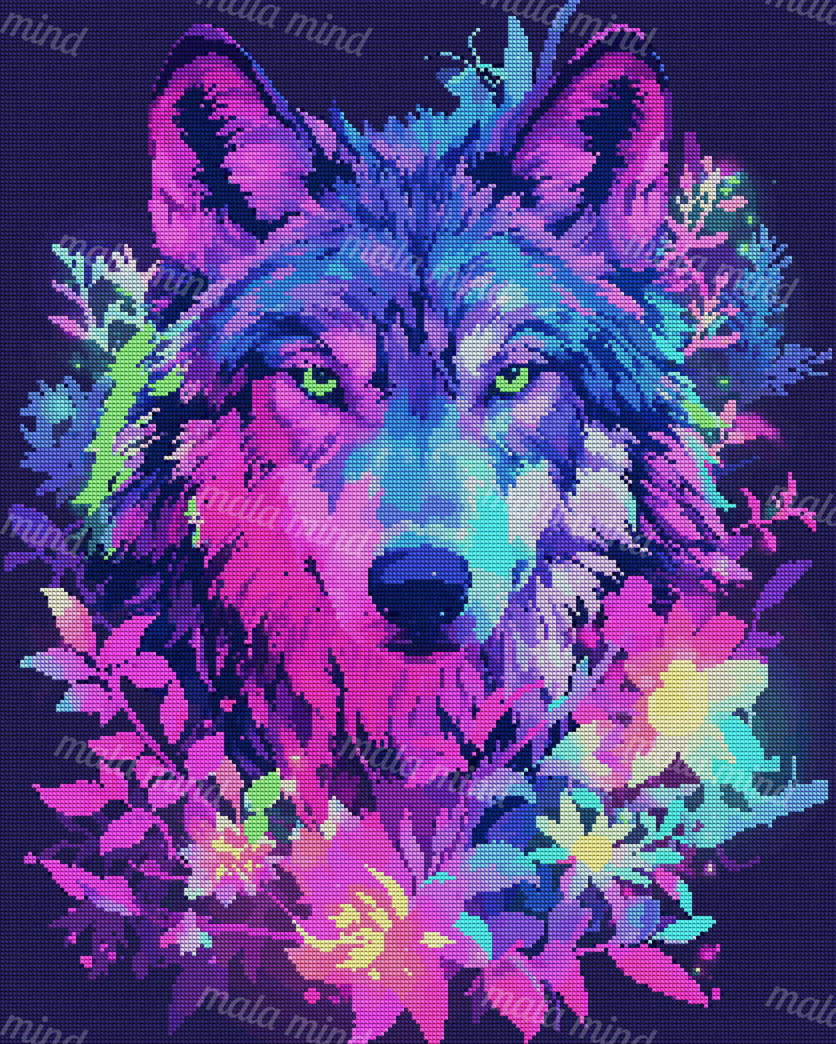 Vivid neon wolf portrait with bright green eyes surrounded by colorful flowers and foliage. — 04_diamond_render
