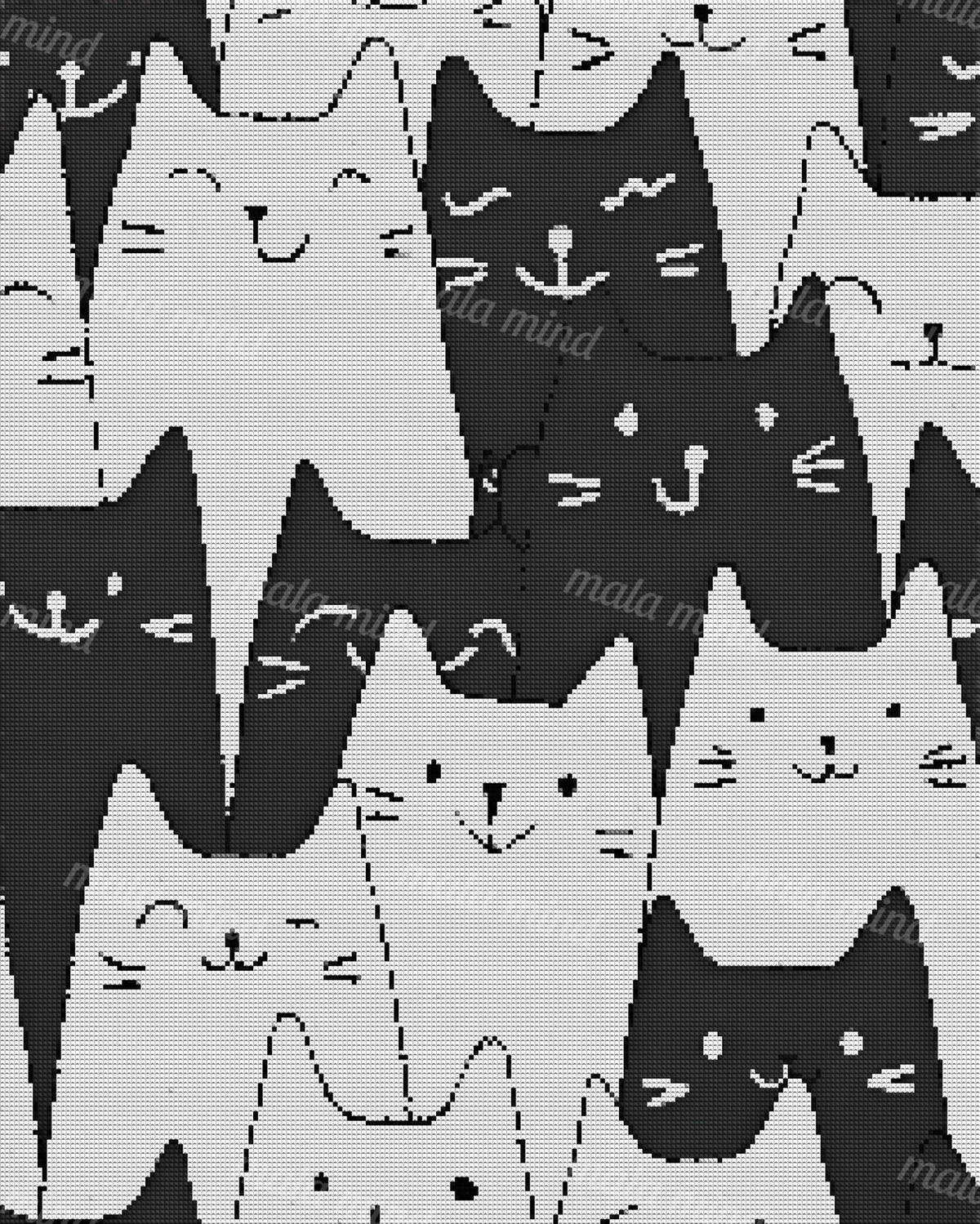 Overlapping black and white cartoon cats form a playful repeating pattern. — 04_diamond_render