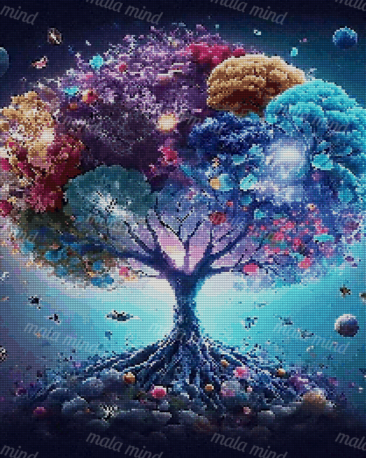 Luminous multicolored underwater tree with coral-like branches, exposed roots, fish silhouettes, and glowing particles. — 04_diamond_render
