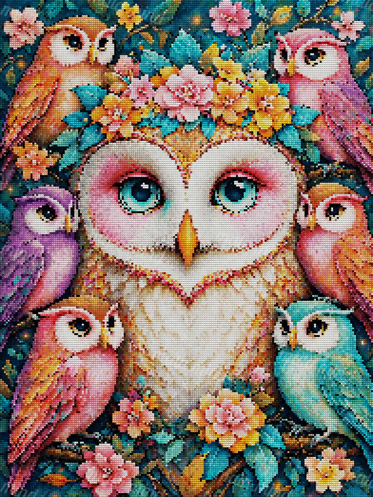 Colorful owl family surrounded by bright flowers and blue-green foliage — 04_diamond_render