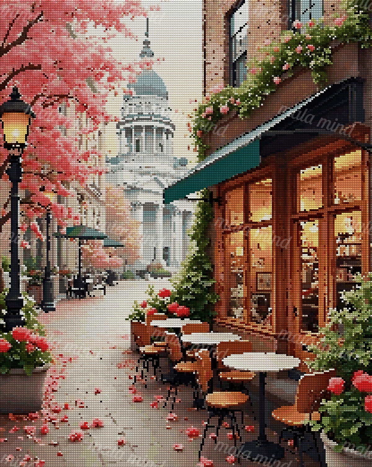 Pink blossom-lined cafe street with outdoor tables and a domed neoclassical building — 04_diamond_render