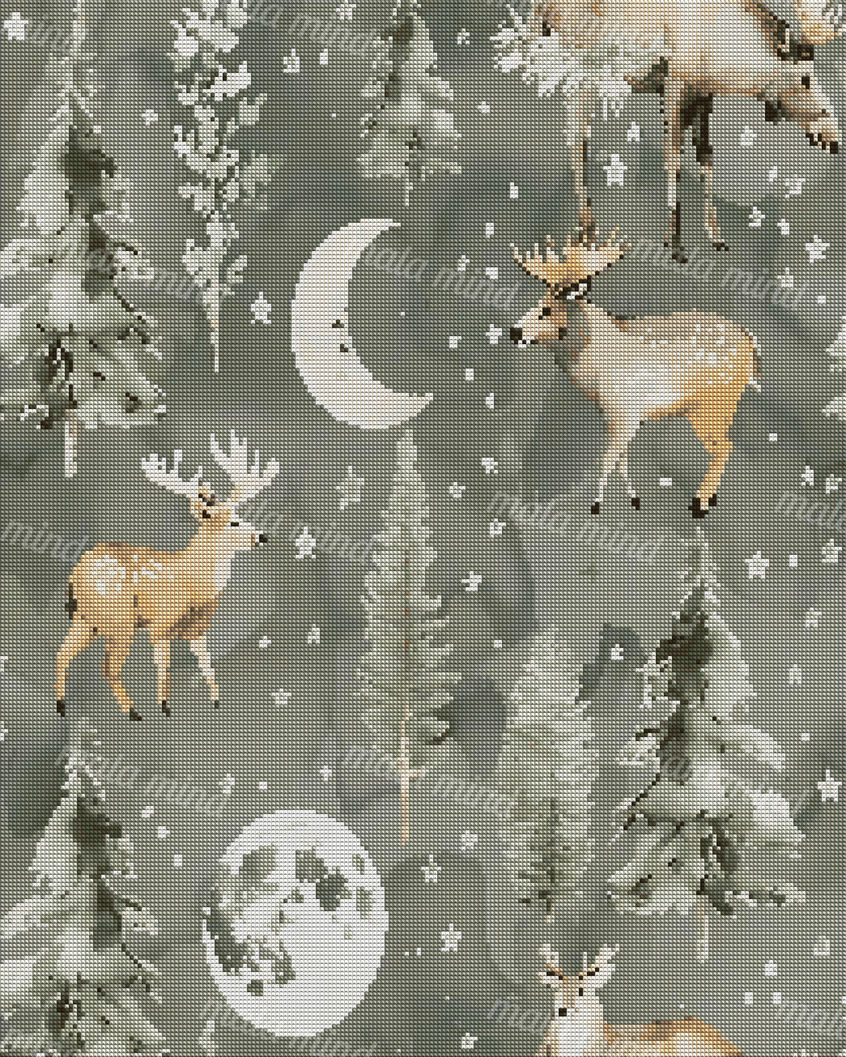 Whimsical moonlit woodland pattern with spotted deer, evergreen trees, crescent and full moons, and stars — 04_diamond_render