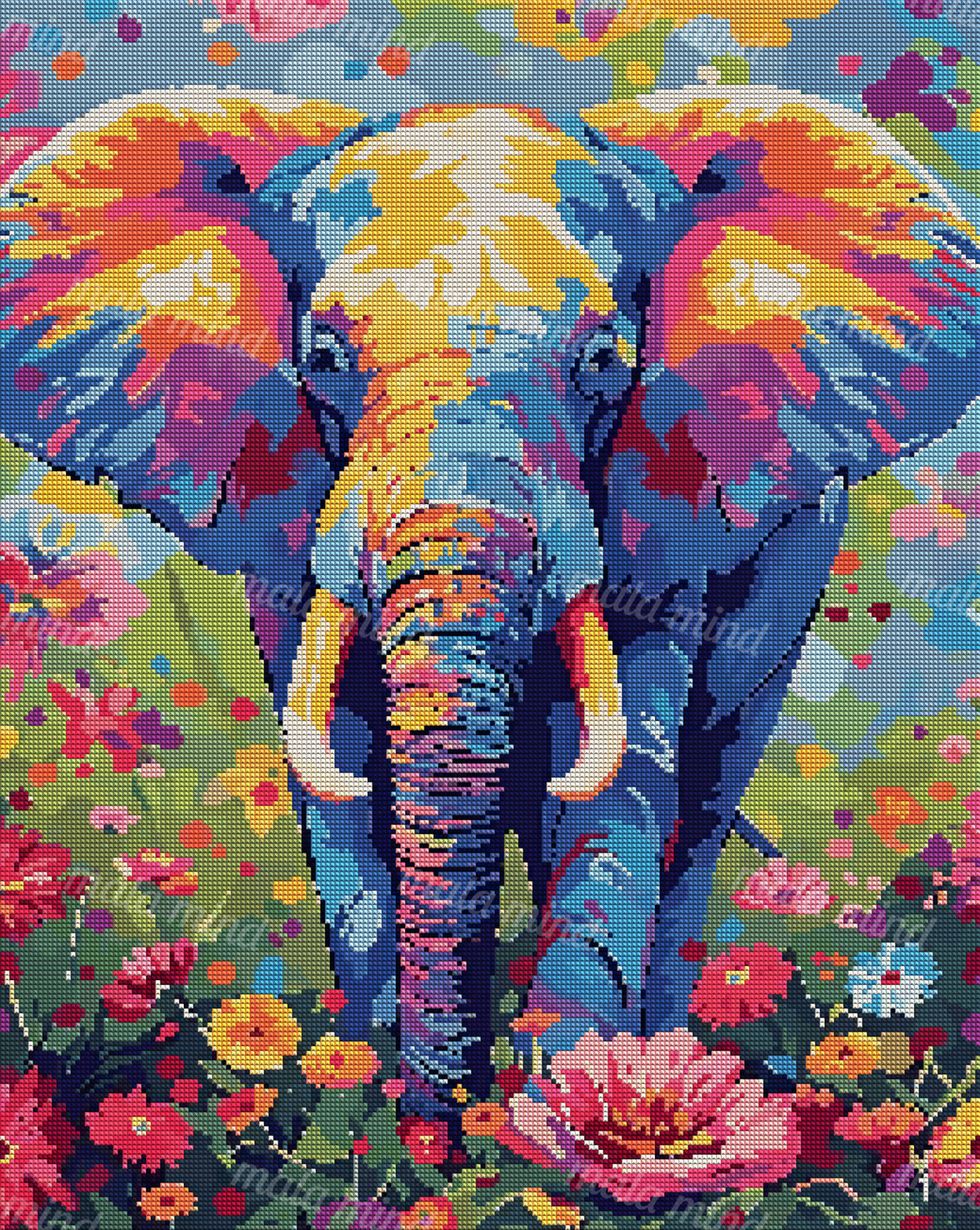 Colorful front-facing elephant portrait surrounded by bright flowers and green foliage — 04_diamond_render