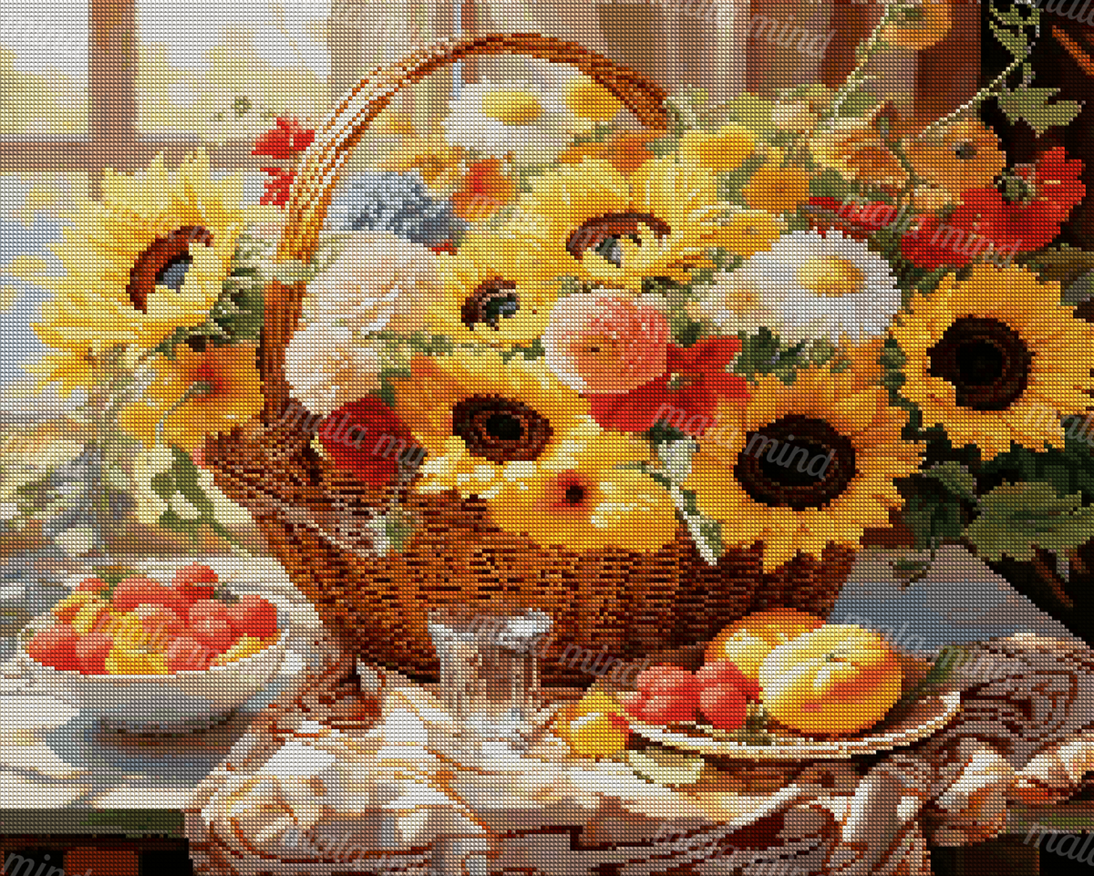 Painterly still life of a sunflower-filled wicker basket beside bowls and plates of fruit by a window — 04_diamond_render