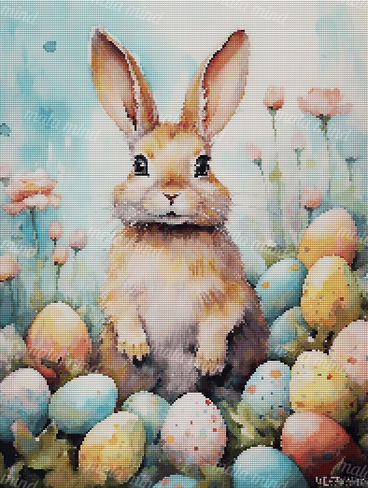 Watercolor brown rabbit surrounded by pastel decorated eggs, pink flowers, and green foliage. — 04_diamond_render