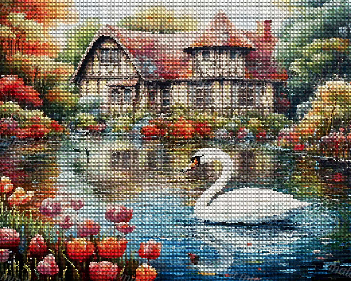 White swan gliding on a flower-lined pond before a half-timbered cottage — 04_diamond_render
