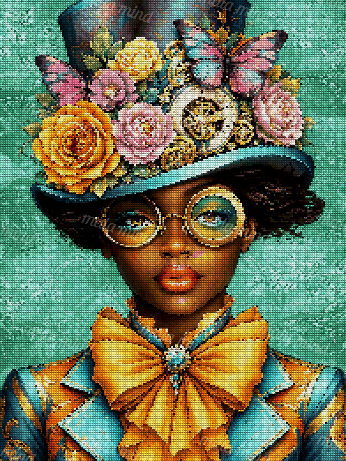 Portrait of a woman in round glasses wearing a floral steampunk hat with butterflies and clockwork — 04_diamond_render
