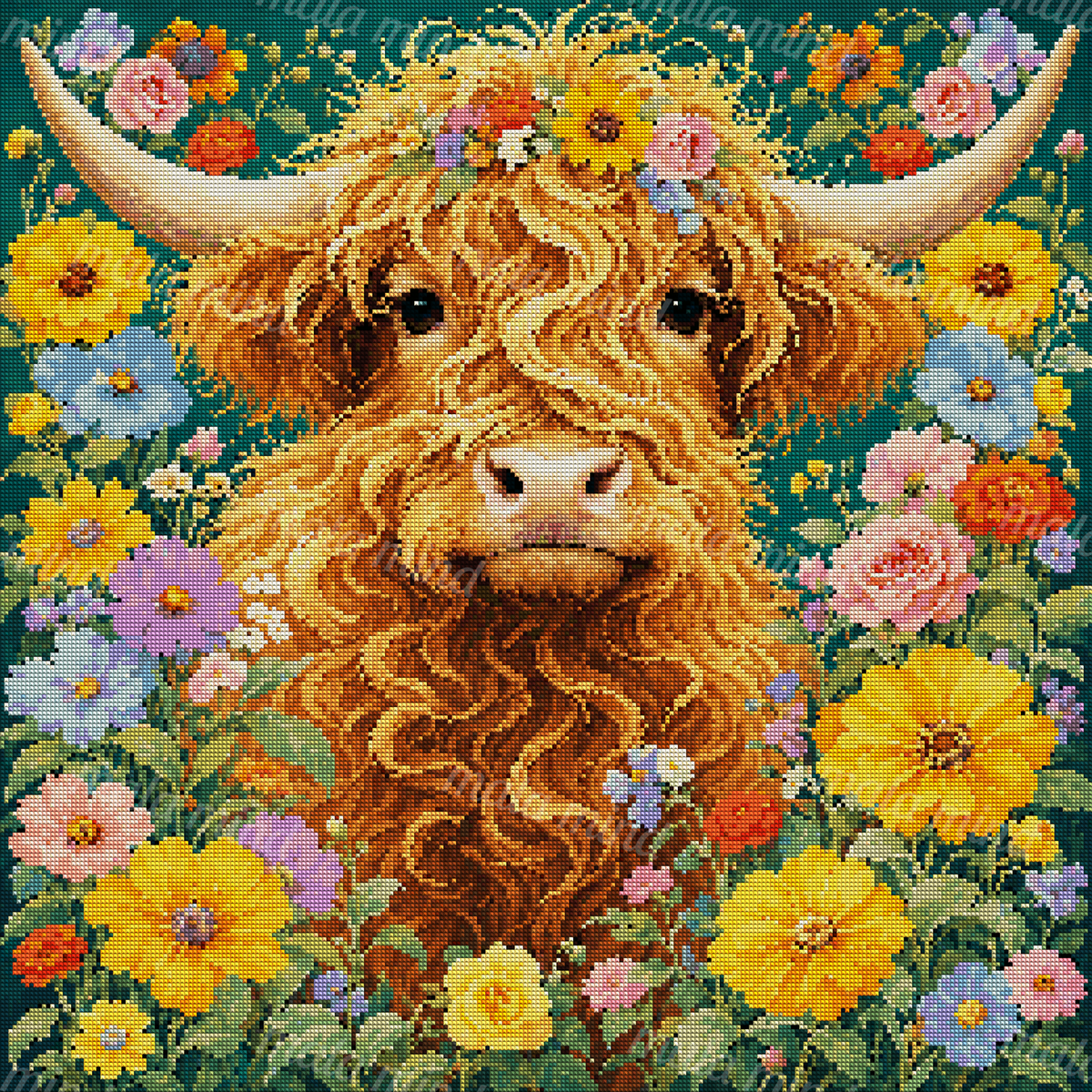 Front-facing shaggy horned cow with a floral crown surrounded by colorful flowers and green foliage. — 04_diamond_render
