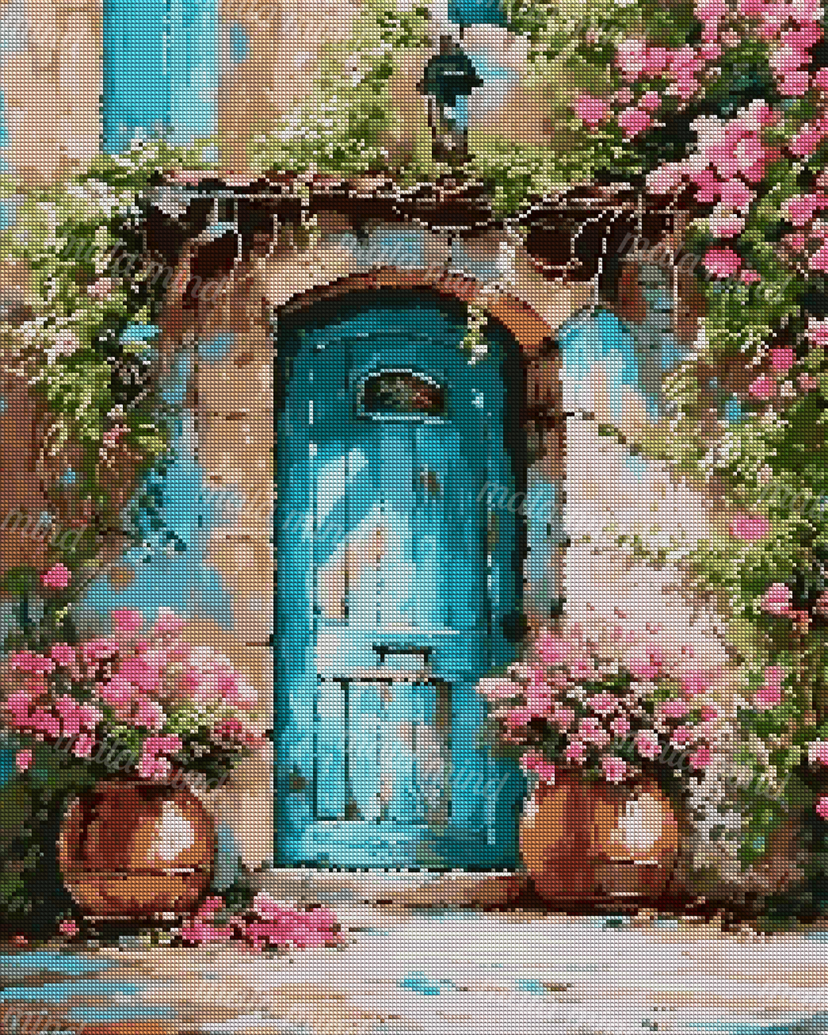 Turquoise arched door framed by pink flowers, green vines, terracotta pots, and a hanging lantern — 04_diamond_render