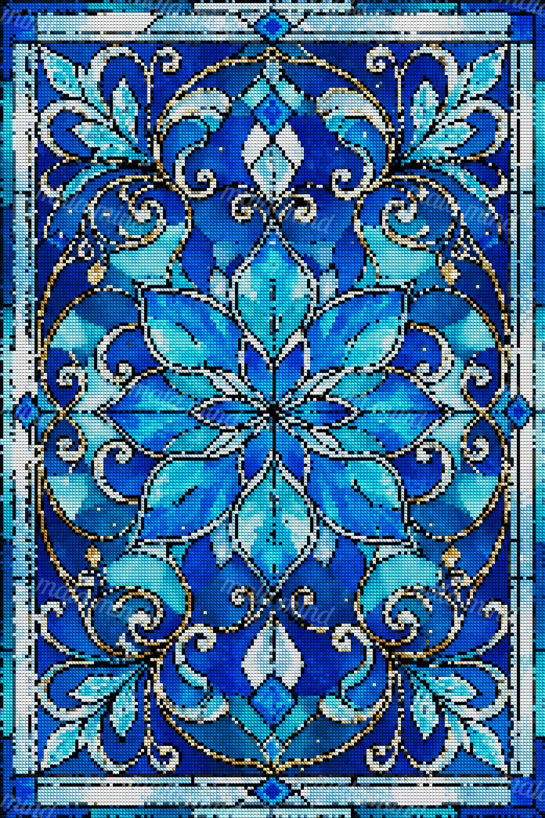 Symmetrical blue floral stained-glass panel with turquoise leaves, gold vines, geometric motifs, and a rectangular border. — 04_diamond_render