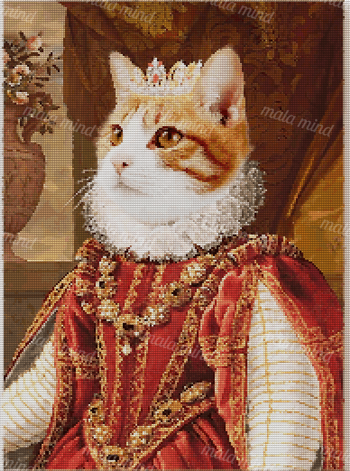 Orange-and-white cat wearing a crown and ornate red royal robe in a formal interior portrait — 04_diamond_render