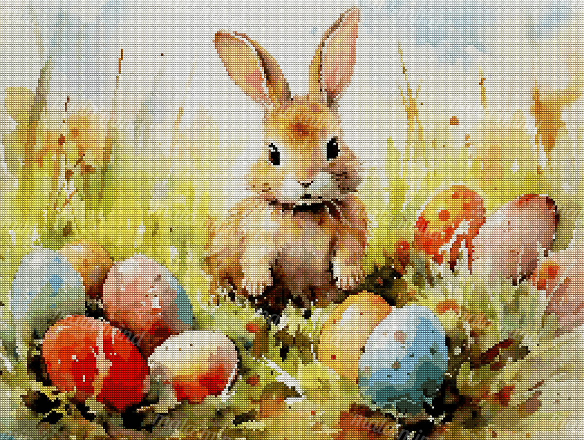 Watercolor rabbit sitting in a grassy meadow surrounded by colorful decorated Easter eggs — 04_diamond_render