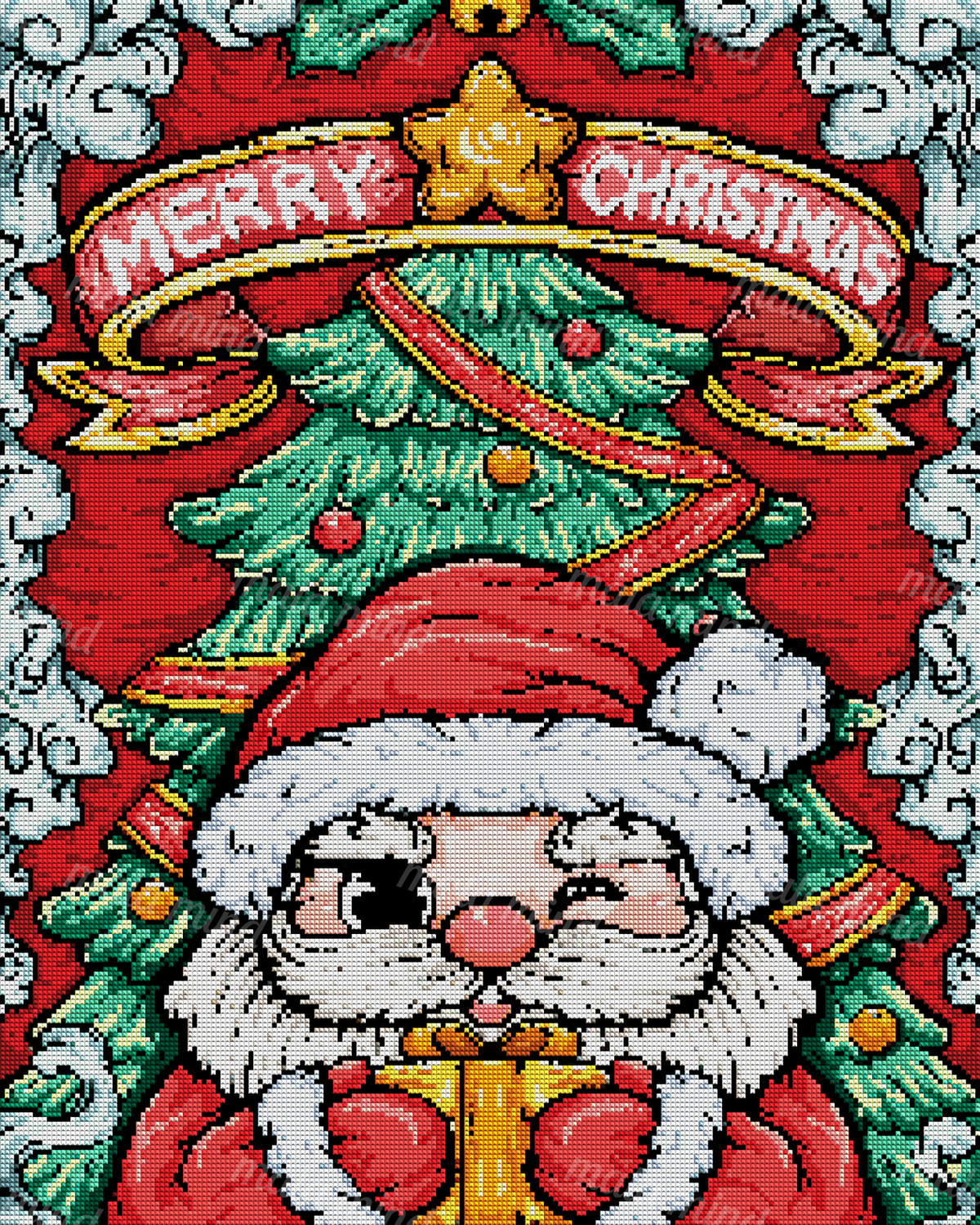 Cartoon Santa Claus holding a gift before a decorated Christmas tree with a Merry Christmas banner — 04_diamond_render