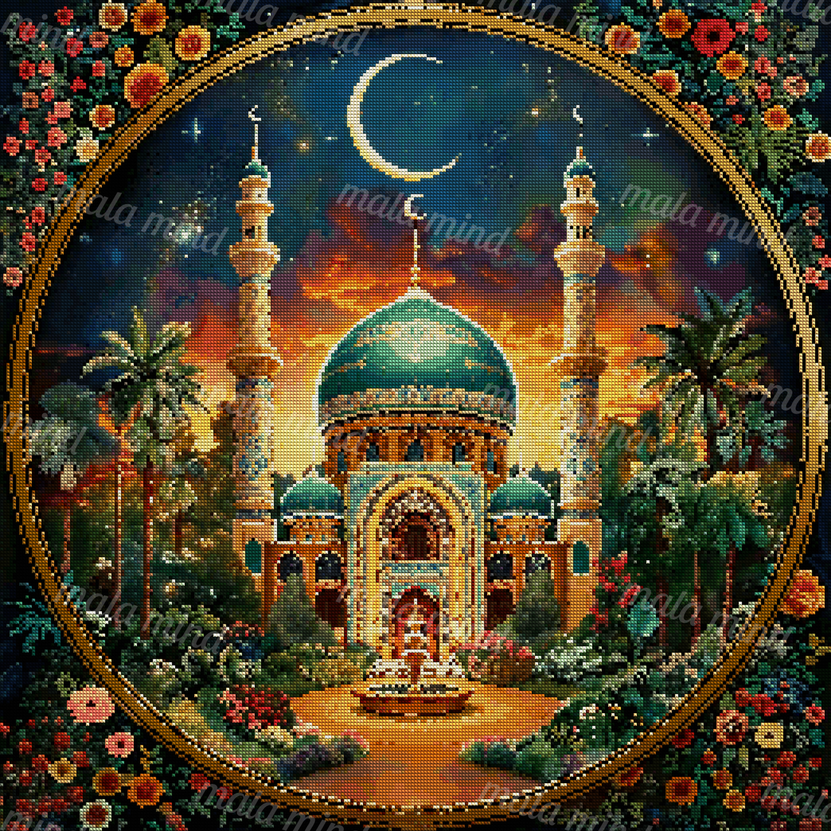 Ornate green-domed mosque with minarets, fountain, palms, flowers, and crescent moon in a circular frame — 04_diamond_render