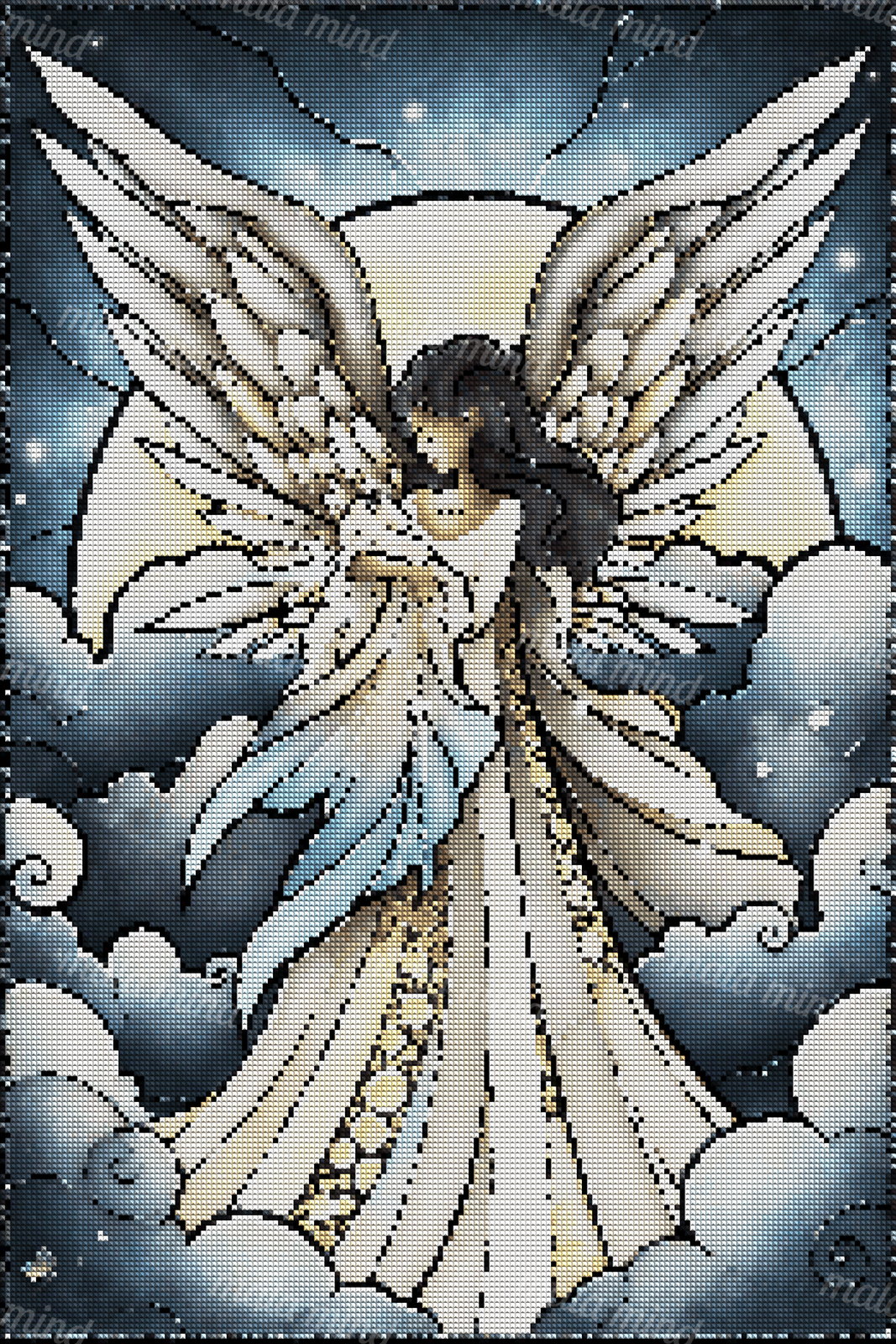 Stained-glass style winged woman holding a baby beneath a moon, surrounded by clouds and stars — 04_diamond_render