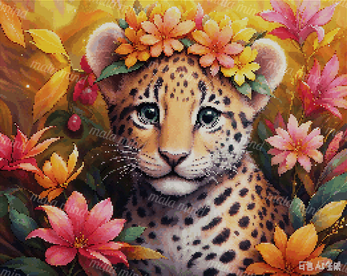 Leopard cub with blue eyes and a flower crown surrounded by colorful flowers and green foliage — 04_diamond_render