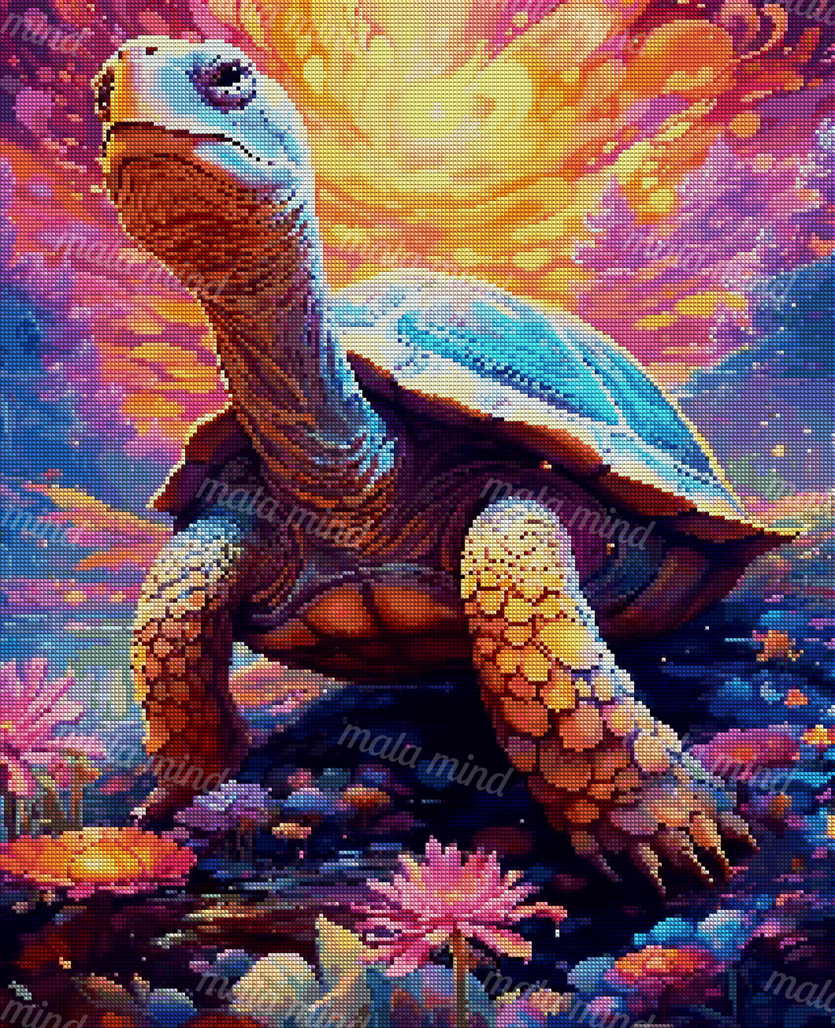 Colorful long-necked turtle standing in a flower-filled pond with a glowing orange-purple background — 04_diamond_render