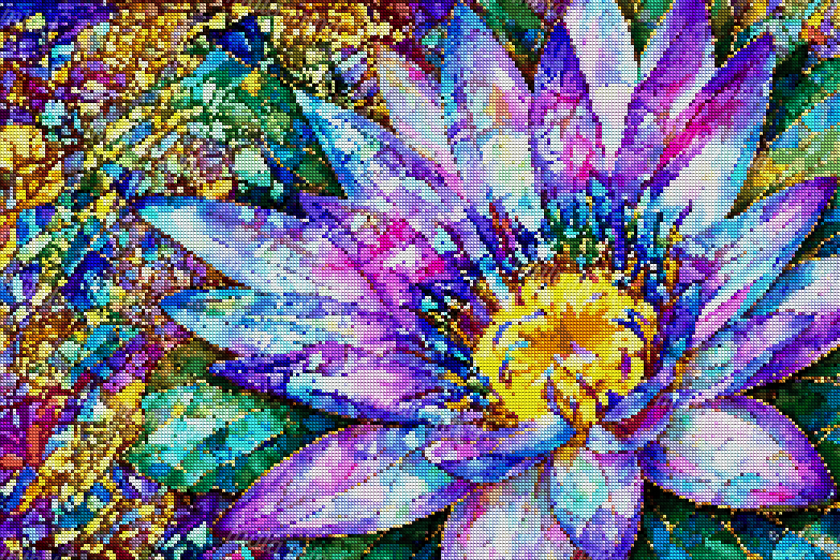 Two purple-blue lotus blossoms with yellow centers and green foliage in a colorful stained-glass mosaic — 04_diamond_render