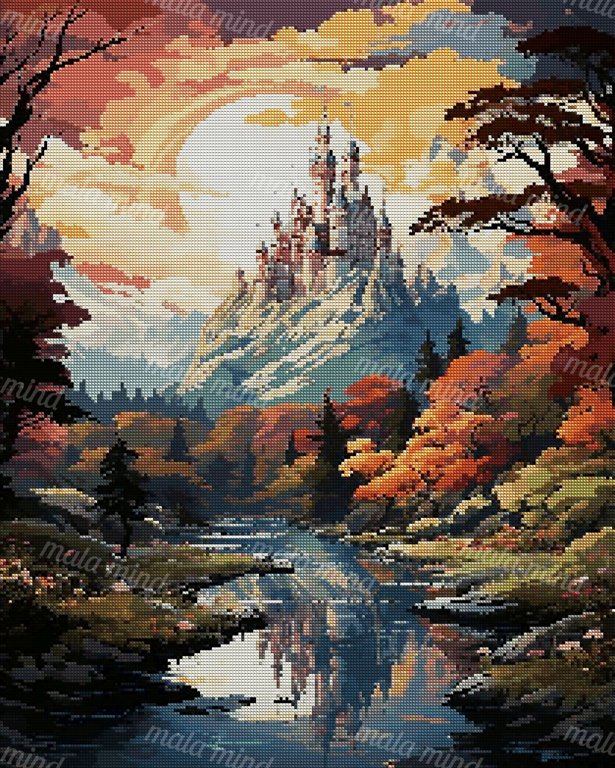 Turreted castle on a mountain above an autumn forest and reflective river at sunset — 04_diamond_render