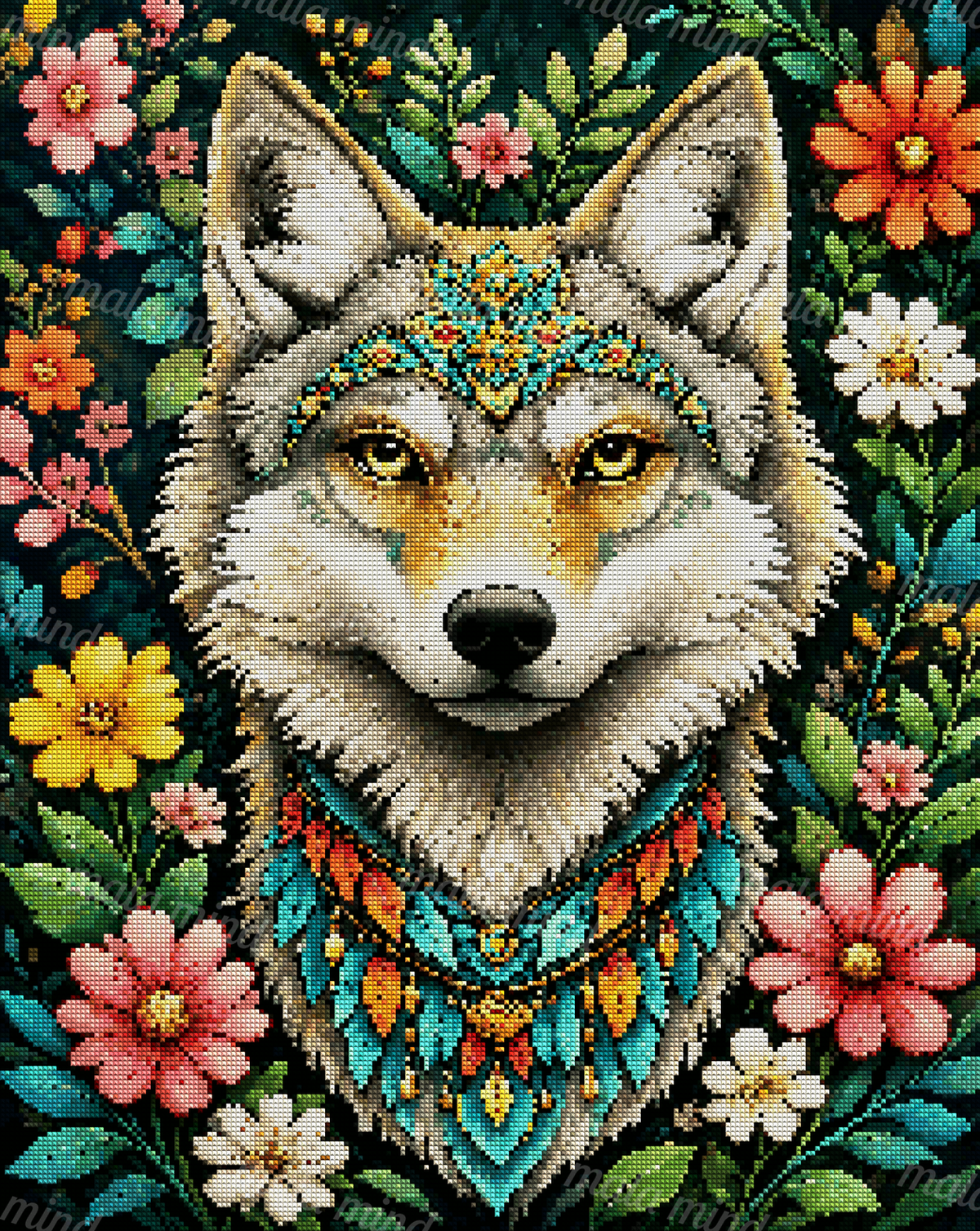 Front-facing wolf with yellow eyes, colorful adornments, flowers, and green foliage — 04_diamond_render