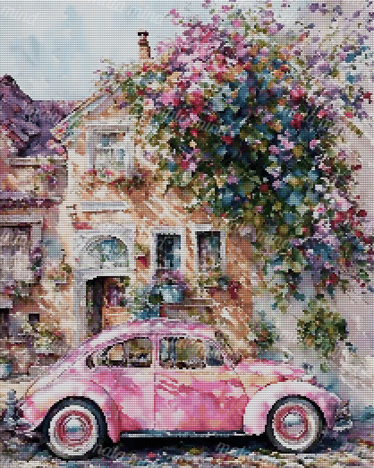 Watercolor artwork of a pink vintage car parked before a flower-covered townhouse. — 04_diamond_render