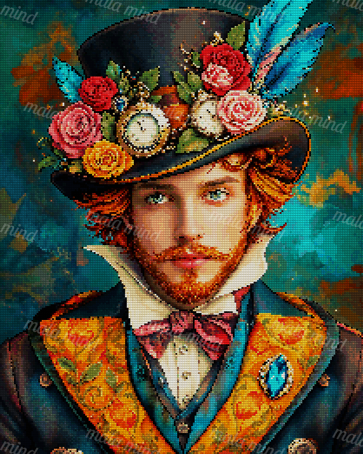 Red-haired bearded man wearing a rose-covered top hat with feathers and pocket watches — 04_diamond_render