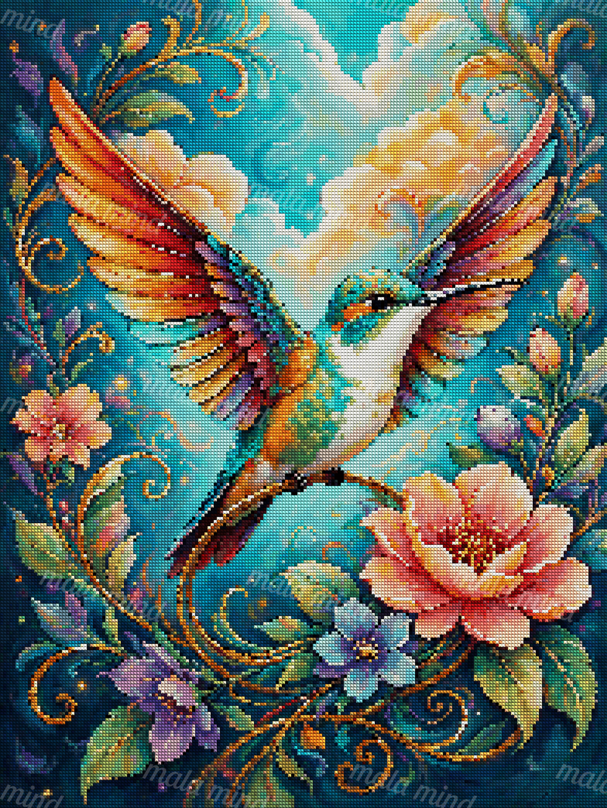 Colorful hummingbird with spread wings surrounded by flowers, curling vines, leaves, and clouds — 04_diamond_render