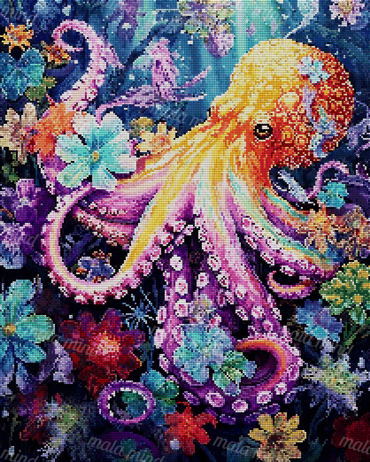 Colorful orange and purple octopus surrounded by bright underwater flowers and dark foliage — 04_diamond_render