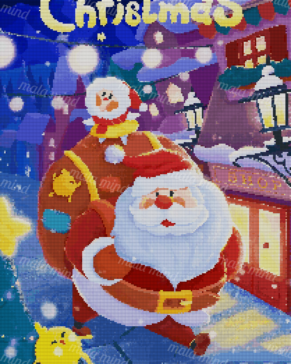 Cartoon Santa carrying a large sack through a snowy village with lights, lanterns, and a small yellow creature. — 04_diamond_render