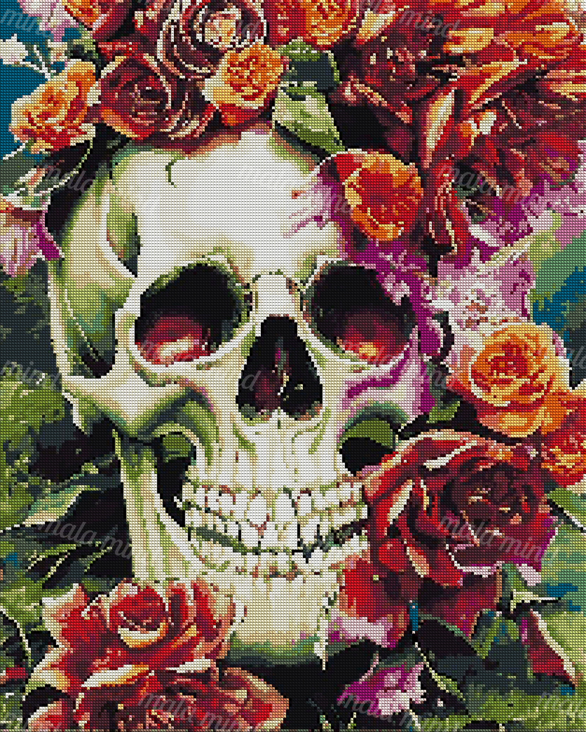 Pop-art human skull surrounded by red, orange, purple, and green flowers — 04_diamond_render