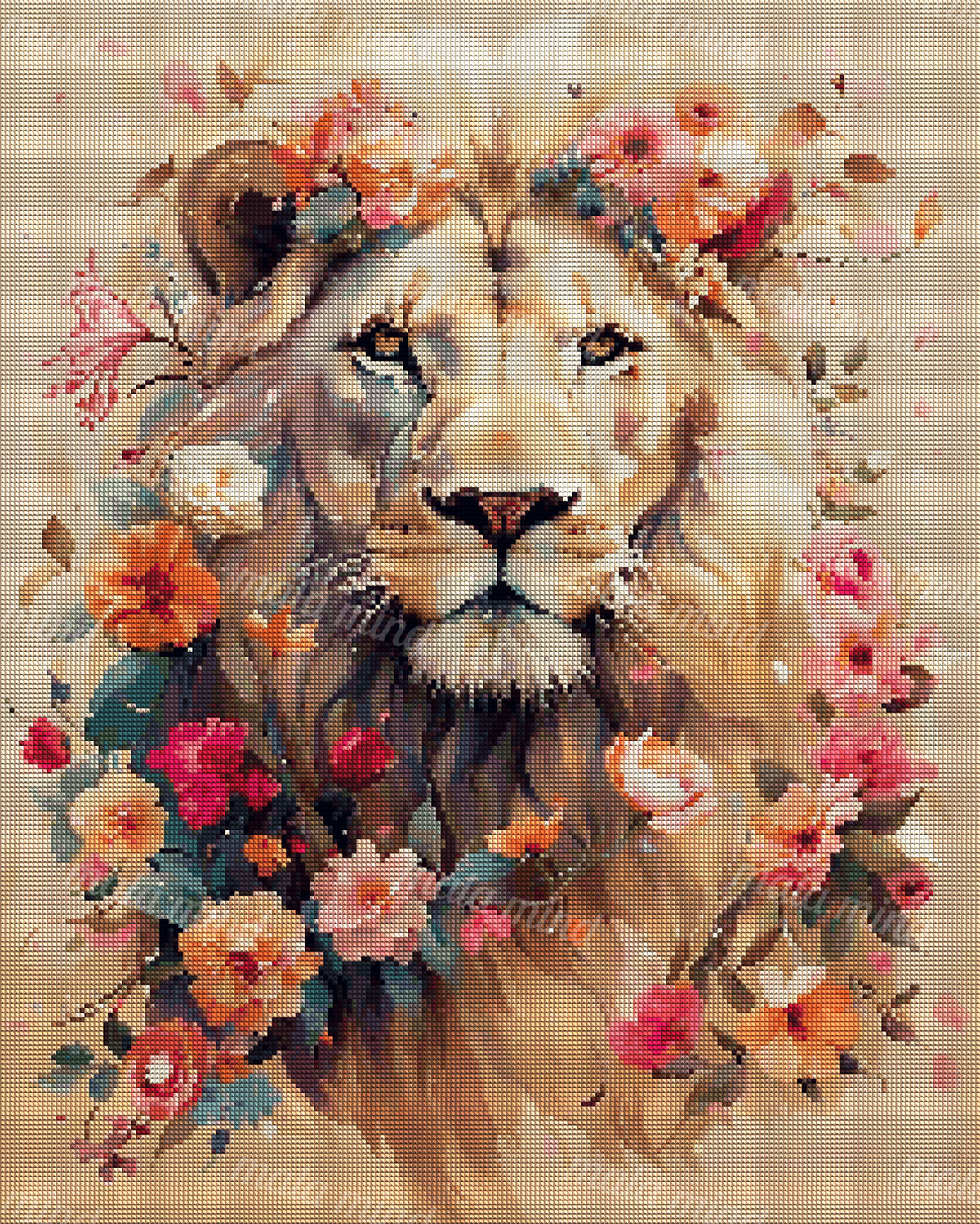 Frontal lion portrait adorned with a colorful flower crown and surrounded by blossoms and green foliage — 04_diamond_render