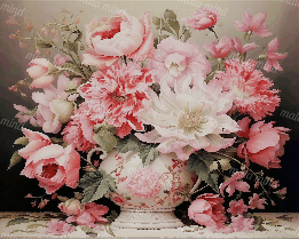 Pink and white flower bouquet in an ornate ceramic vase against a dark background — 04_diamond_render