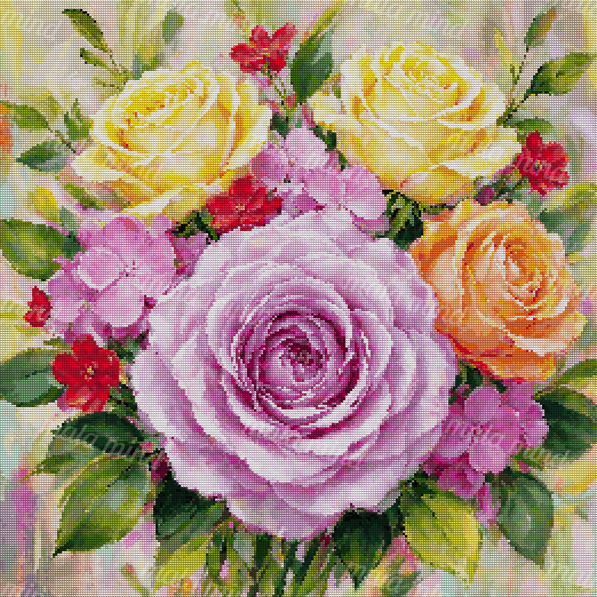 Painterly close-up bouquet with a large lavender rose, yellow roses, colorful blossoms, and green leaves — 04_diamond_render