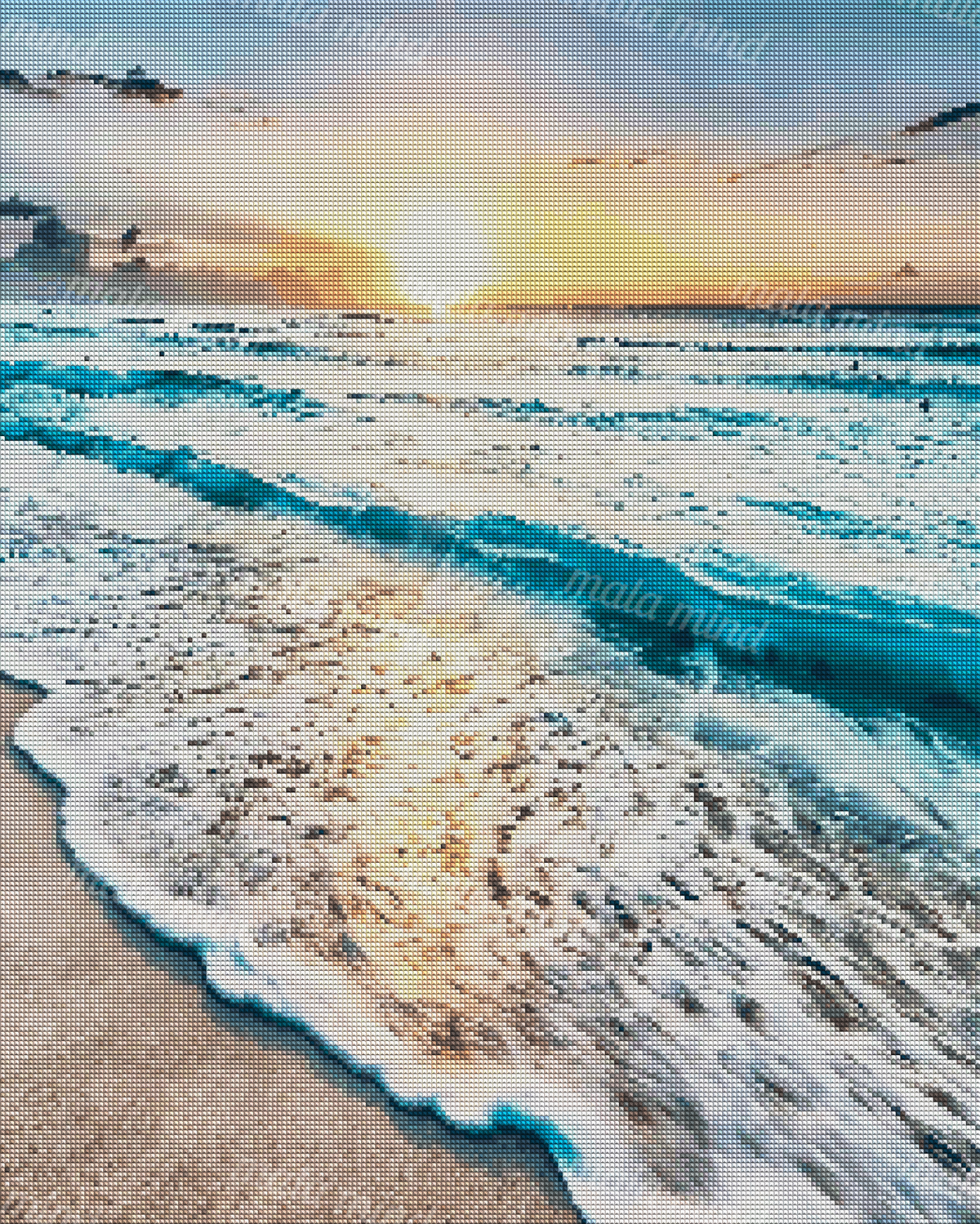 Turquoise waves and white foam wash onto a sandy beach beneath a glowing sunset. — 04_diamond_render