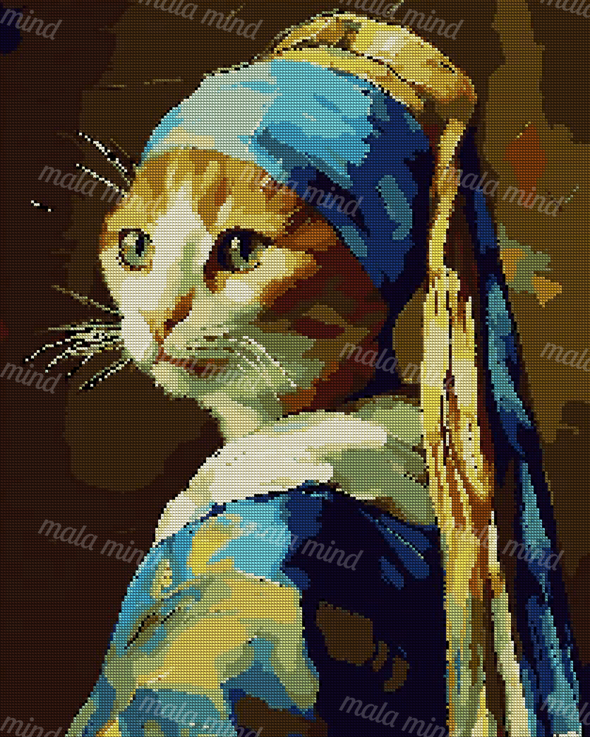Stylized cat portrait with green eyes wrapped in blue and gold drapery against a dark background — 04_diamond_render