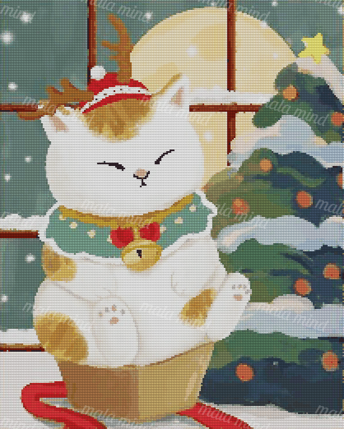 Festive white cat in an antler hat beside a decorated Christmas tree and snowy moonlit window — 04_diamond_render