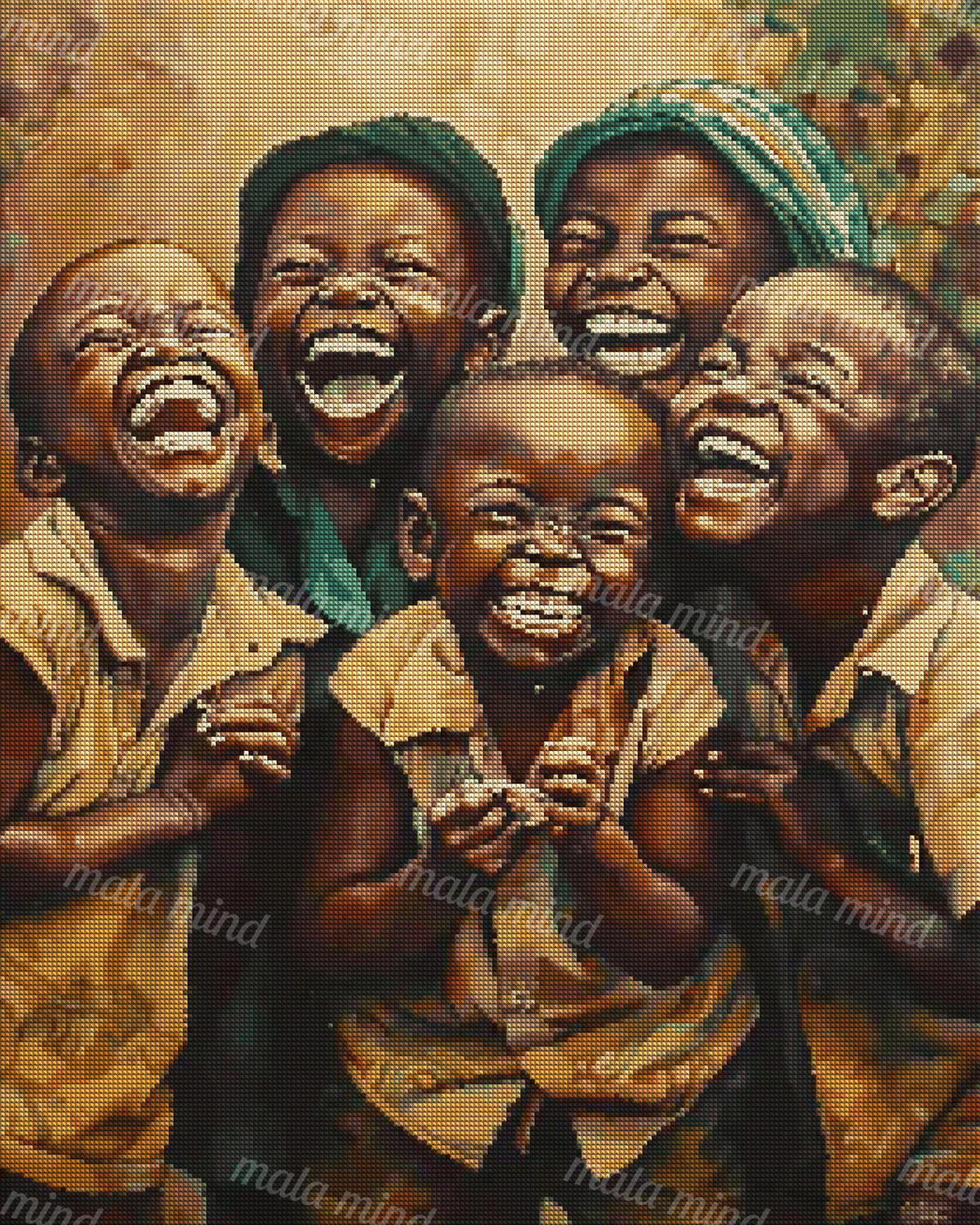 Five people laughing together in a warm painterly group portrait with a green striped headwrap. — 04_diamond_render