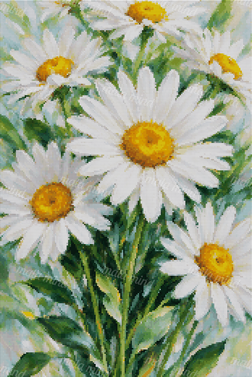 Impressionistic close-up of white daisies with golden centers and green leaves on a pale blue-green background. — 04_diamond_render