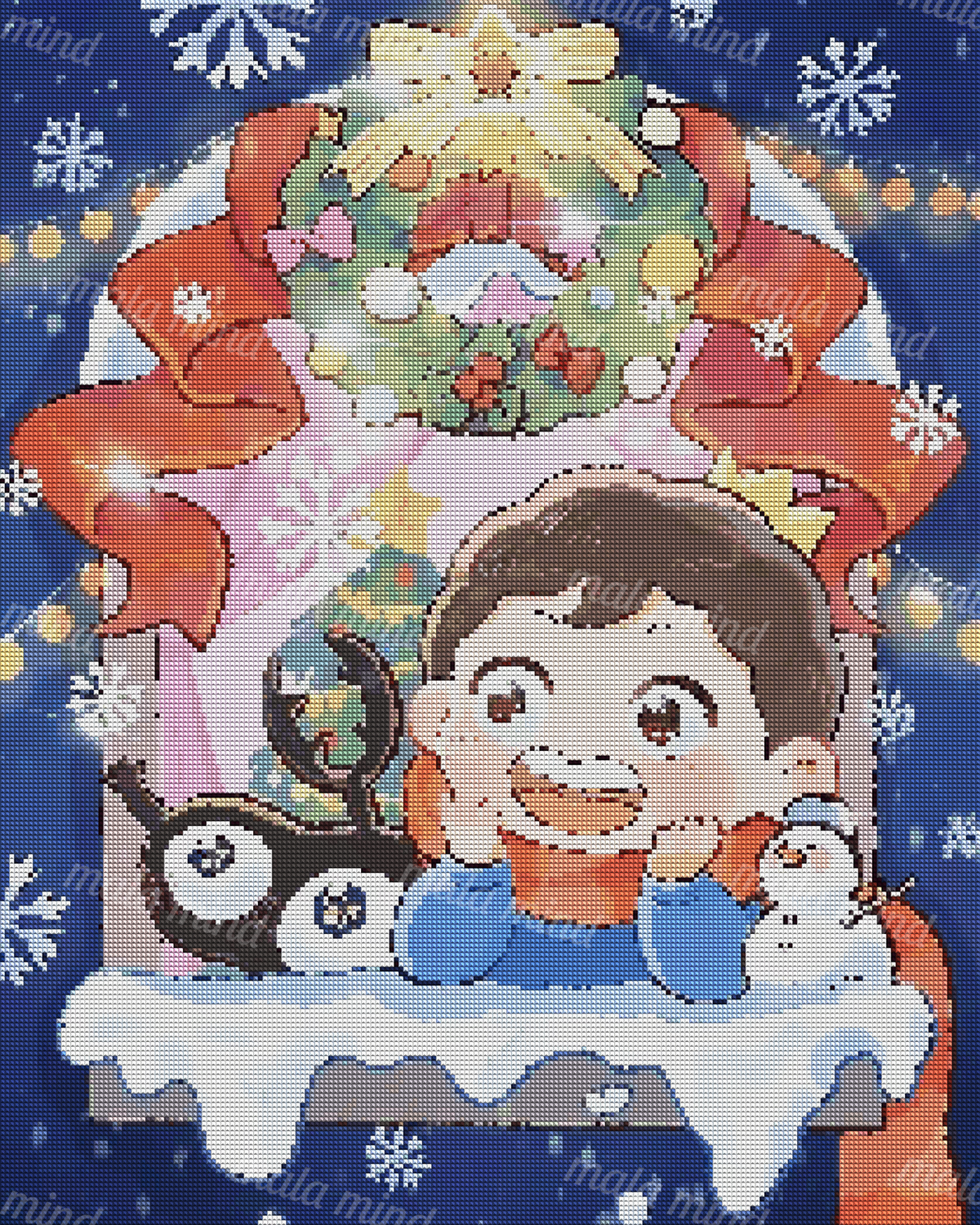 Kawaii Christmas scene with a smiling child, reindeer, snowman, wreath, lights, snowflakes, and snowy window ledge. — 04_diamond_render