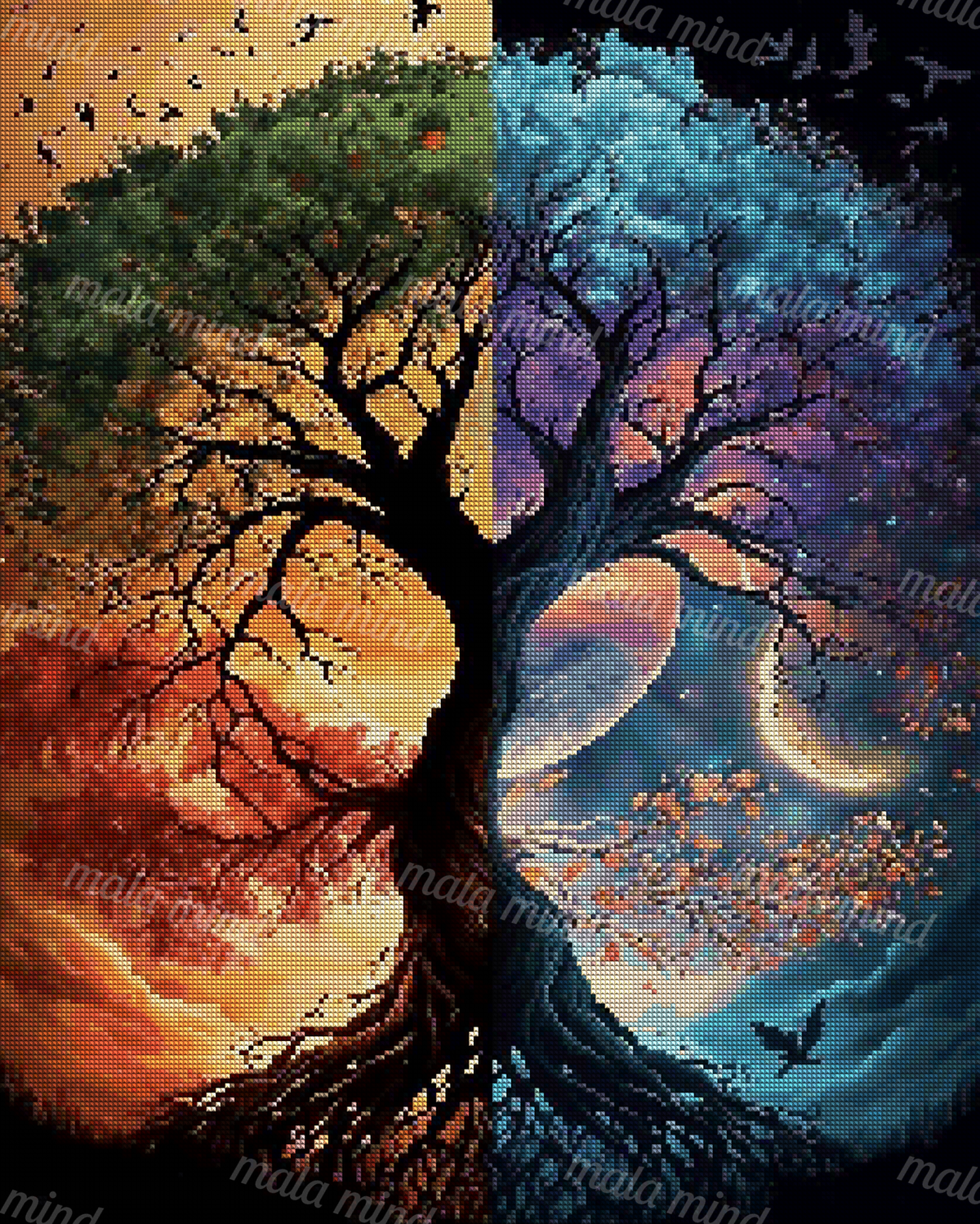 Split-season tree with autumn foliage on one side and a moonlit blue landscape with birds on the other — 04_diamond_render